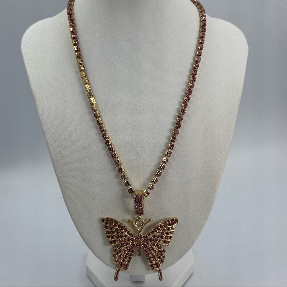 Gold Tone and Pink Rhinestone Butterfly Choker Necklace Sparkle Bling Kawaii